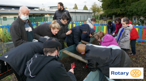 Rayleigh Mill Rotarian, Terry Morris, together with teacher, Abbie Cherry, joins the pupils of Kingsdown School in planting spring flowering bulbs